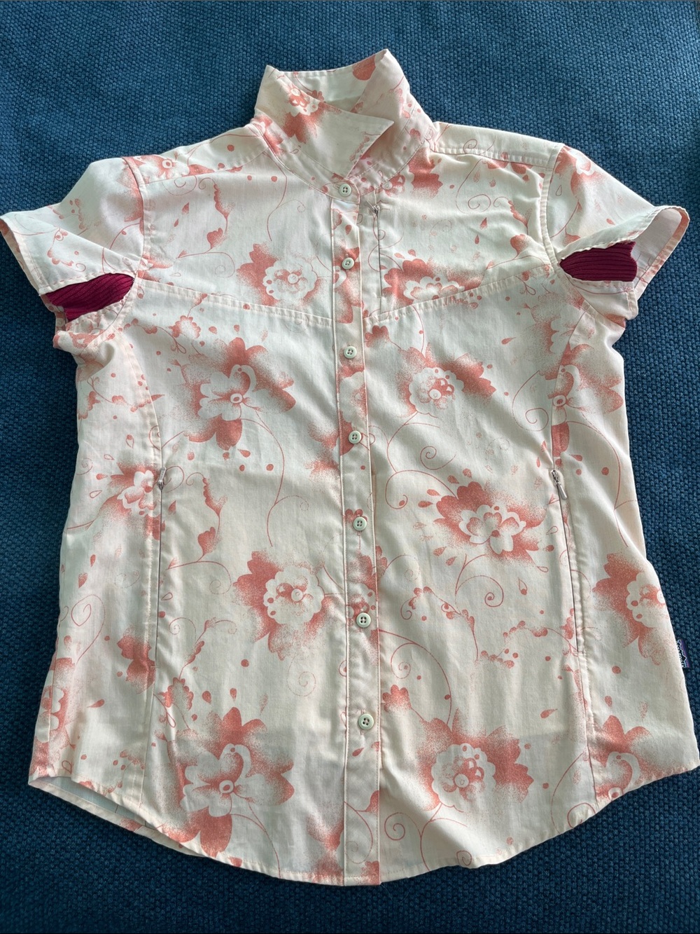 Patagonia Pink Floral Short-Sleeve Button-Up Blouse ~ added a spacer for sleeves